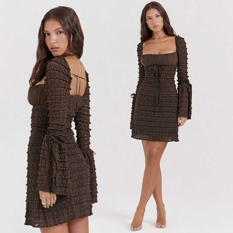 AMINA LONG SLEEVE RUFFLE FLARED MINI DRESS