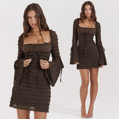 AMINA LONG SLEEVE RUFFLE FLARED MINI DRESS