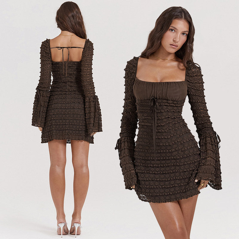 AMINA LONG SLEEVE RUFFLE FLARED MINI DRESS