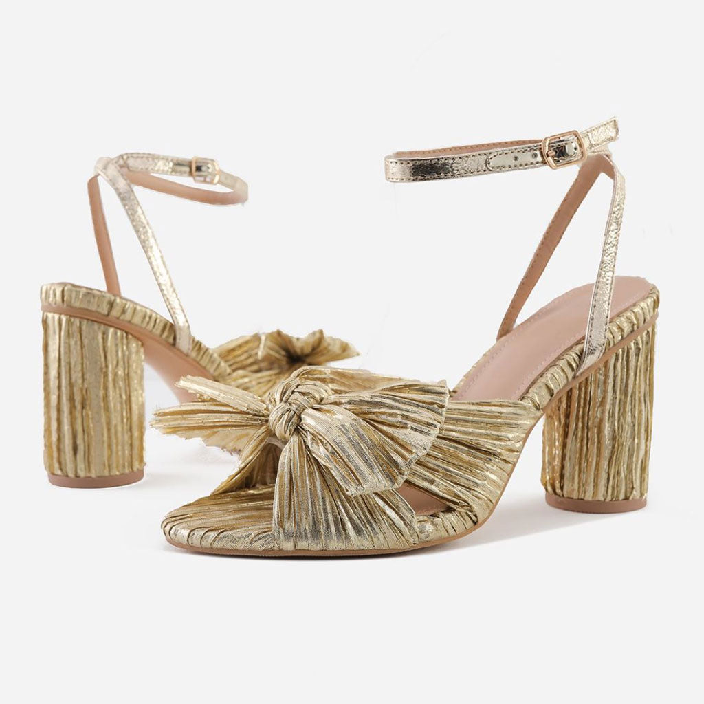 Sandalen mit Blockabsatz und Peep-Toe-Falten, Schmetterlingsschleife und Schleife - Gold