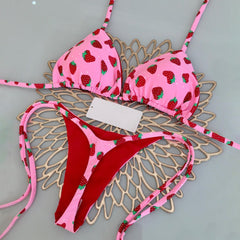 resort style strawberry print sling split bikini