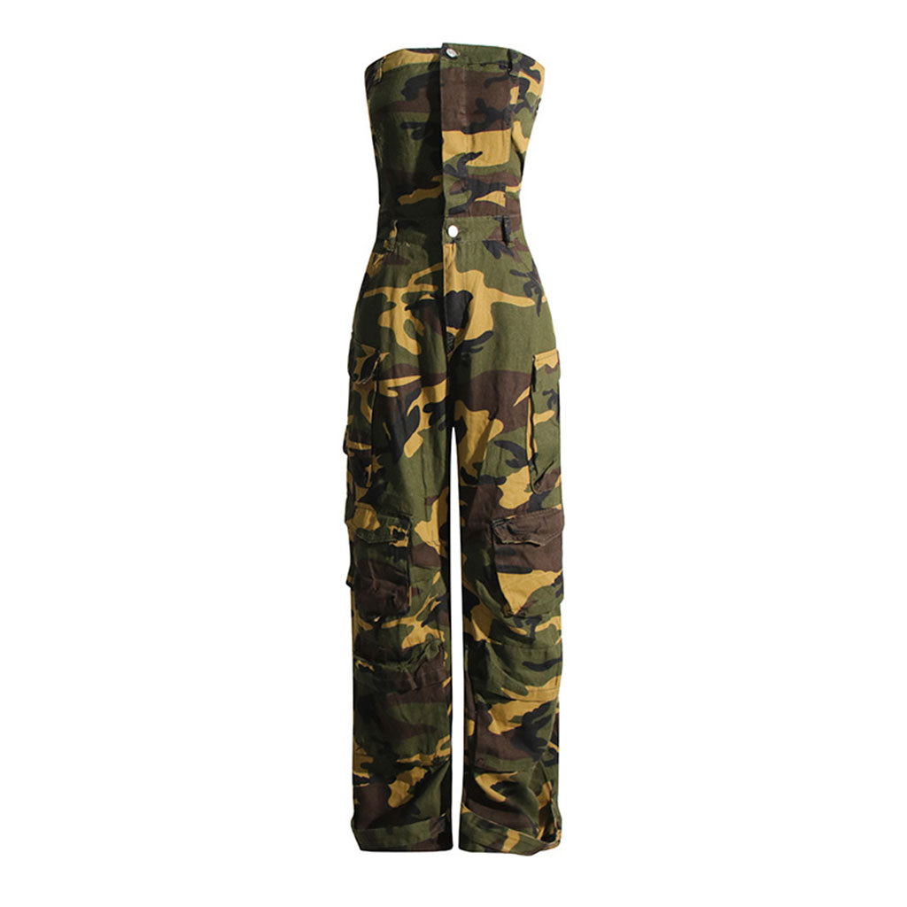 Camouflage Print Button Front Cargo Pocket Strapless Wide Leg Denim Jumpsuit