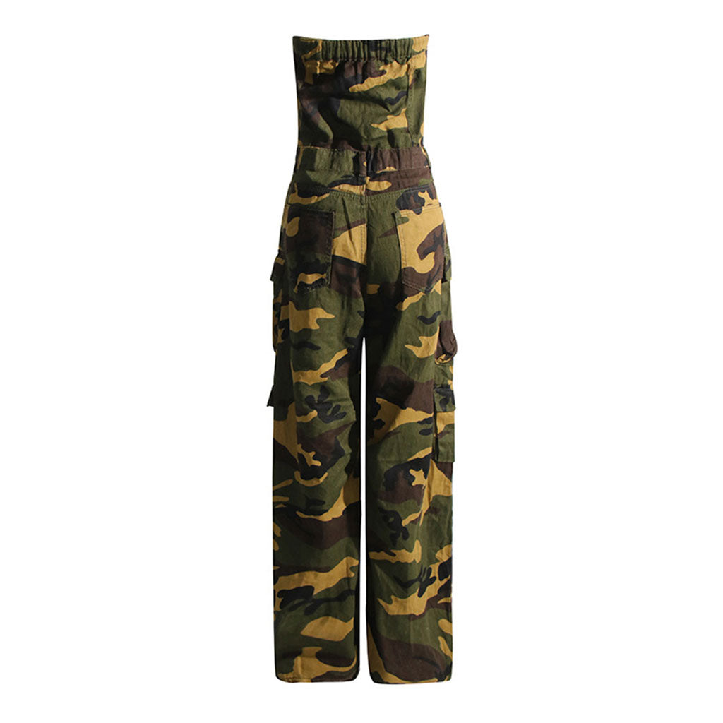 Camouflage Print Button Front Cargo Pocket Strapless Wide Leg Denim Jumpsuit