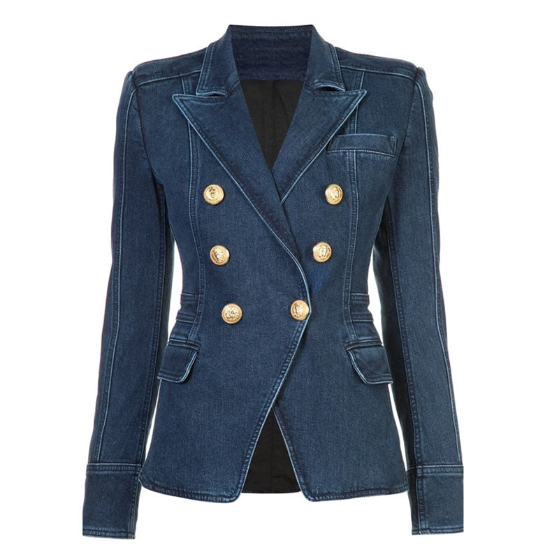 Casual Gold Tone Button Double Breasted Lapel Collar Tailored Denim Blazer- Blue