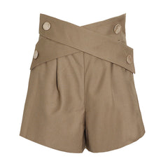 Lässige A-Linien-Shorts mit Metallic-Knopfleiste, gekreuzten Trägern, hoher Taille und Rüschenbesatz