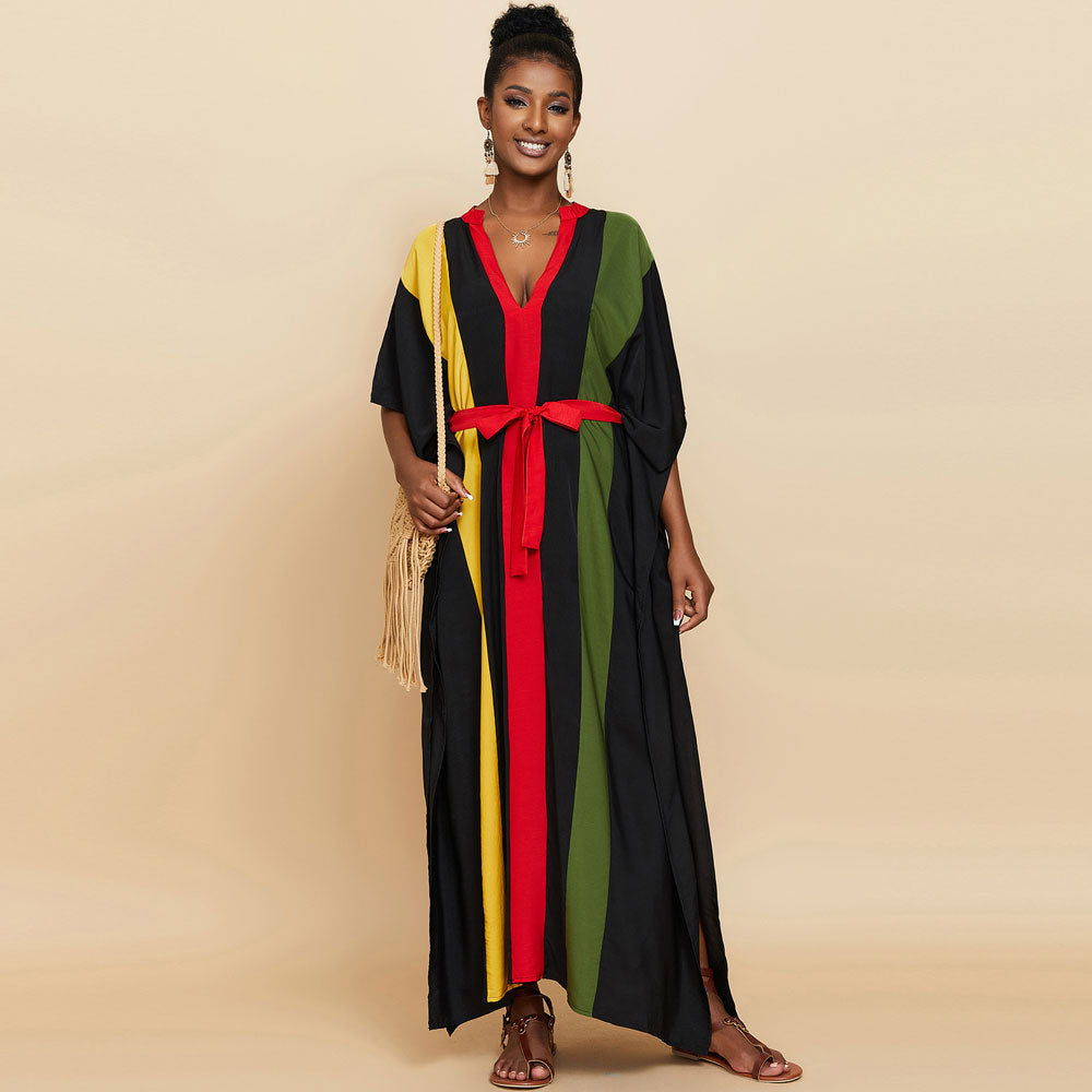 Casual Vertical Striped Oversized Brazilian Caftan Beach Cover Up Maxi Dress