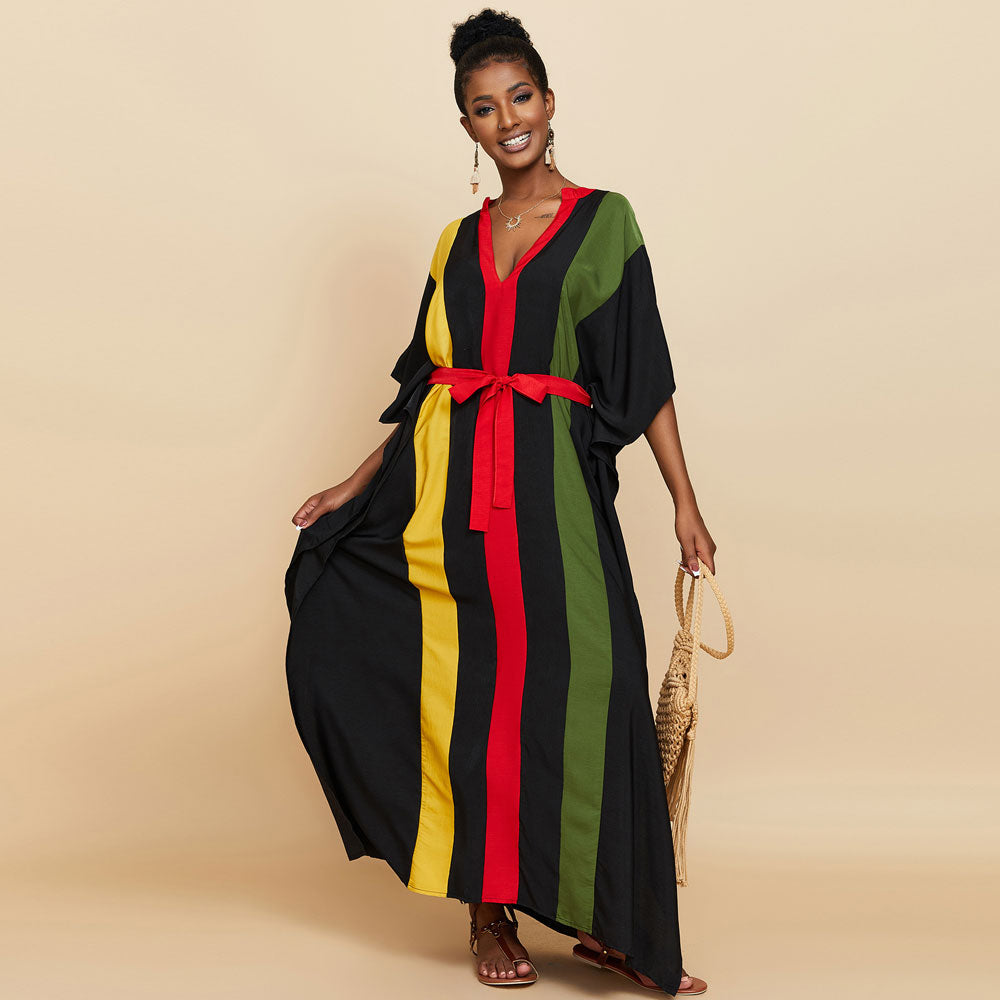 Casual Vertical Striped Oversized Brazilian Caftan Beach Cover Up Maxi Dress