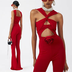 Conjunto de 2 piezas de Body y pantalón acampanado rojo HANNA con lazo de rosas