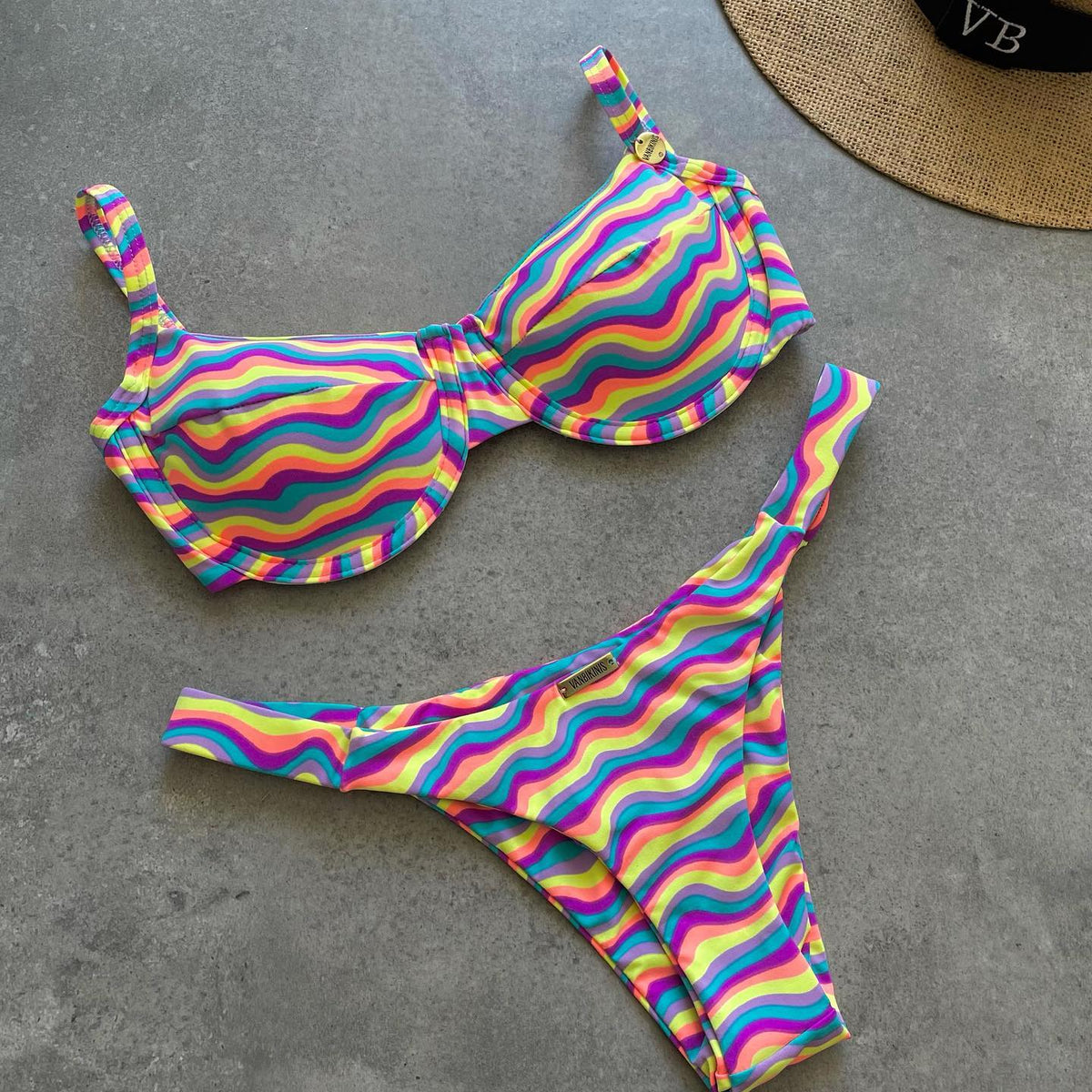 striped push up swimsuit with straps