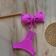 Solid Color Bow Chain Split Bikini