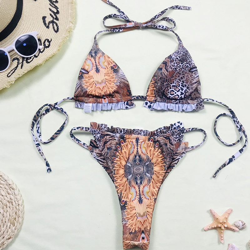 Triangle String Cheetah Print Ruffle Slide Triangle String Brazilian Three Piece Bikin