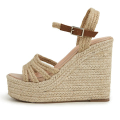 Schicke Espadrilles mit offenem Zehenbereich und Knöchelriemen und Keilabsatz in Flechtoptik - Beige