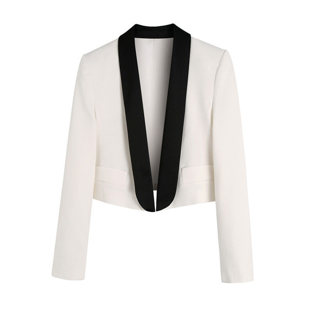 Chic Contrast Lapel Shawl Collar Shoulder Pad Cropped Blazer- White