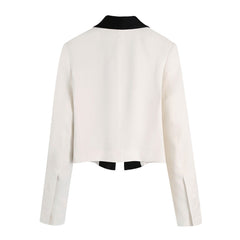 Chic Contrast Lapel Shawl Collar Shoulder Pad Cropped Blazer- White