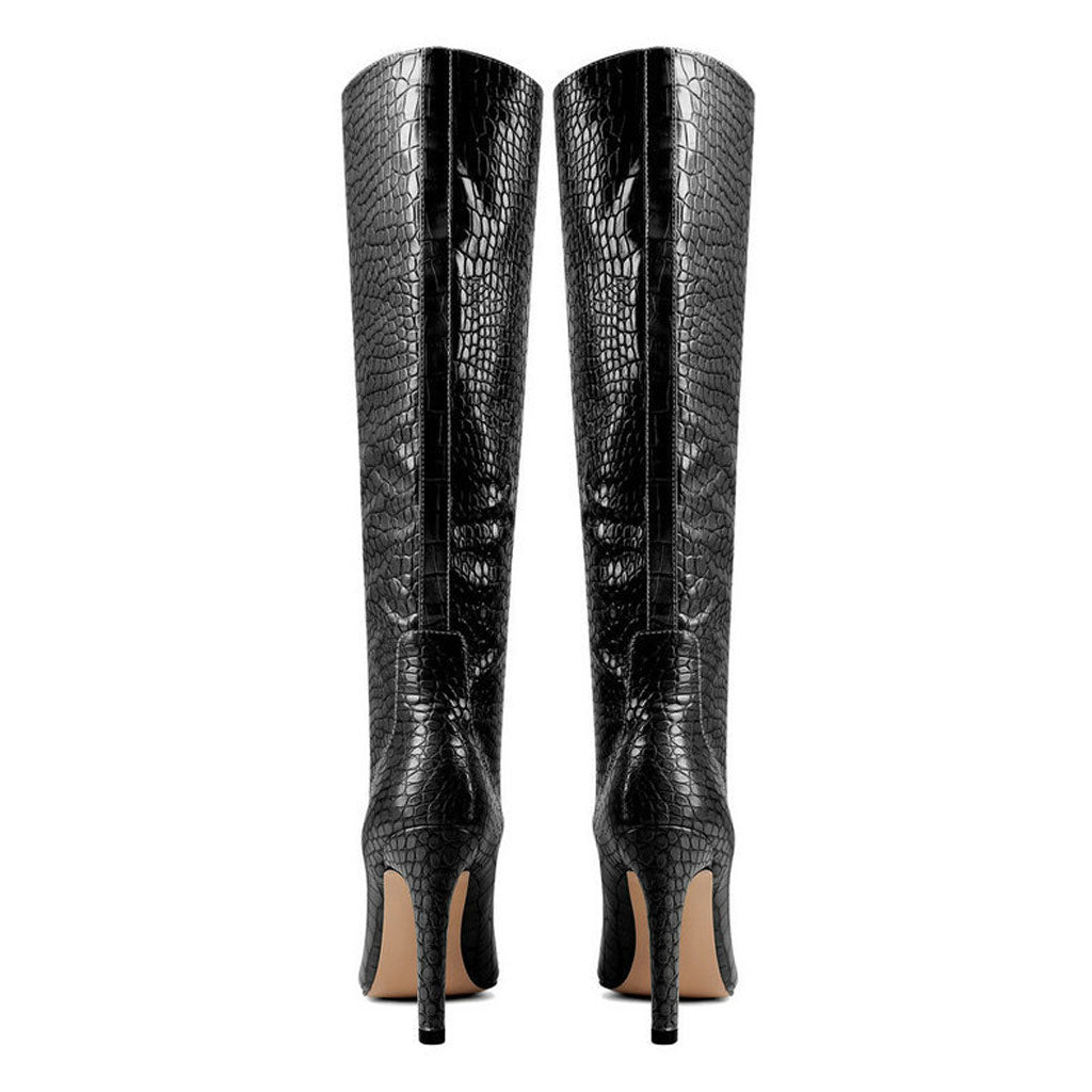 Chic Croc Effect Faux Leather Pointed Toe Knee High Stiletto Boots - Black