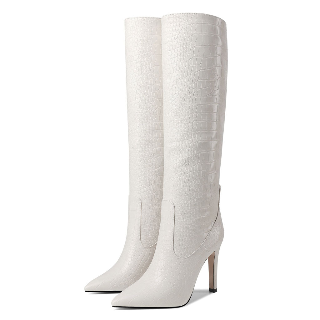 Schicke kniehohe Stiletto-Stiefel aus Kunstleder mit Kroko-Effekt und spitzer Zehenpartie - Off White