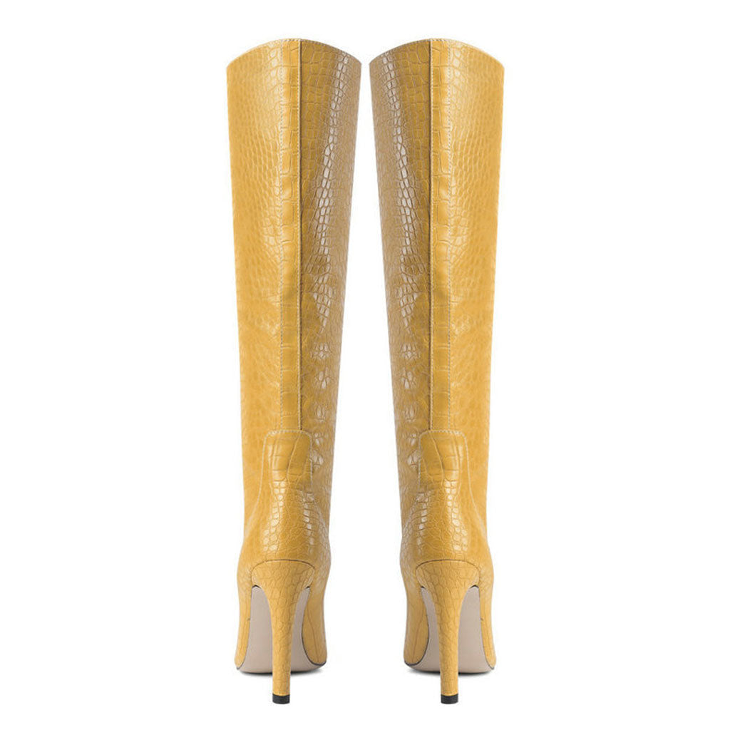 Chic Croc Effect Faux Leather Pointed Toe Knee High Stiletto Boots - Yellow