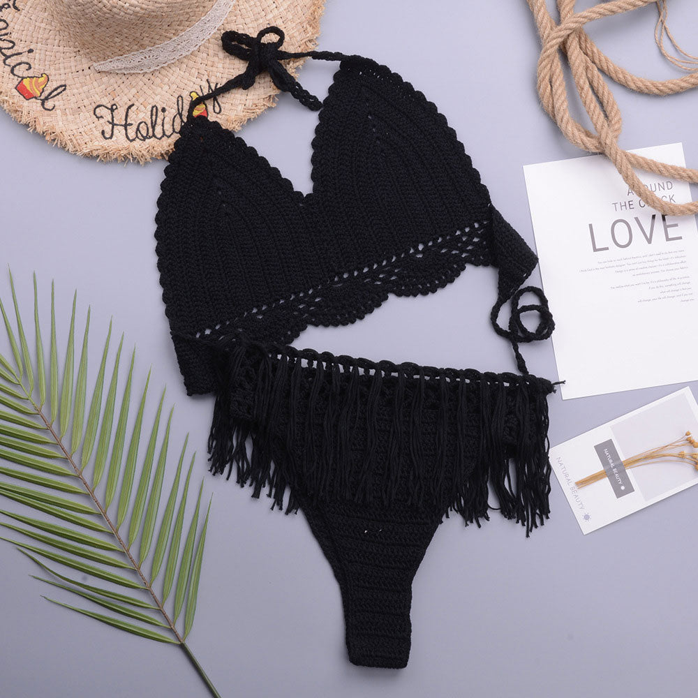 Chic Crochet Knit Tassel Trim Halter Triangle Brazilian Two Piece Bikini Swimsuit