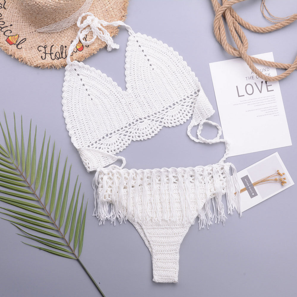 Chic Crochet Knit Tassel Trim Halter Triangle Brazilian Two Piece Bikini Swimsuit