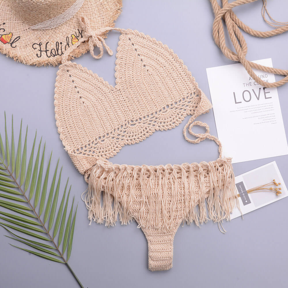 Chic Crochet Knit Tassel Trim Halter Triangle Brazilian Two Piece Bikini Swimsuit