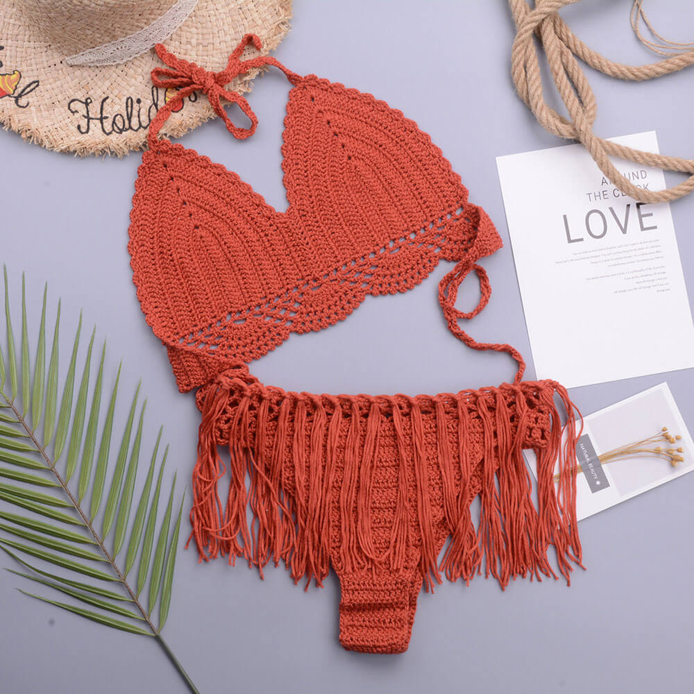 Chic Crochet Knit Tassel Trim Halter Triangle Brazilian Two Piece Bikini Swimsuit