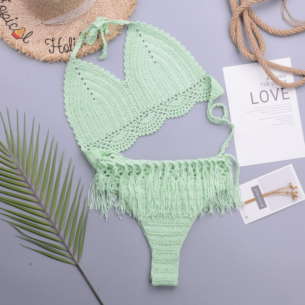 Chic Crochet Knit Tassel Trim Halter Triangle Brazilian Two Piece Bikini Swimsuit