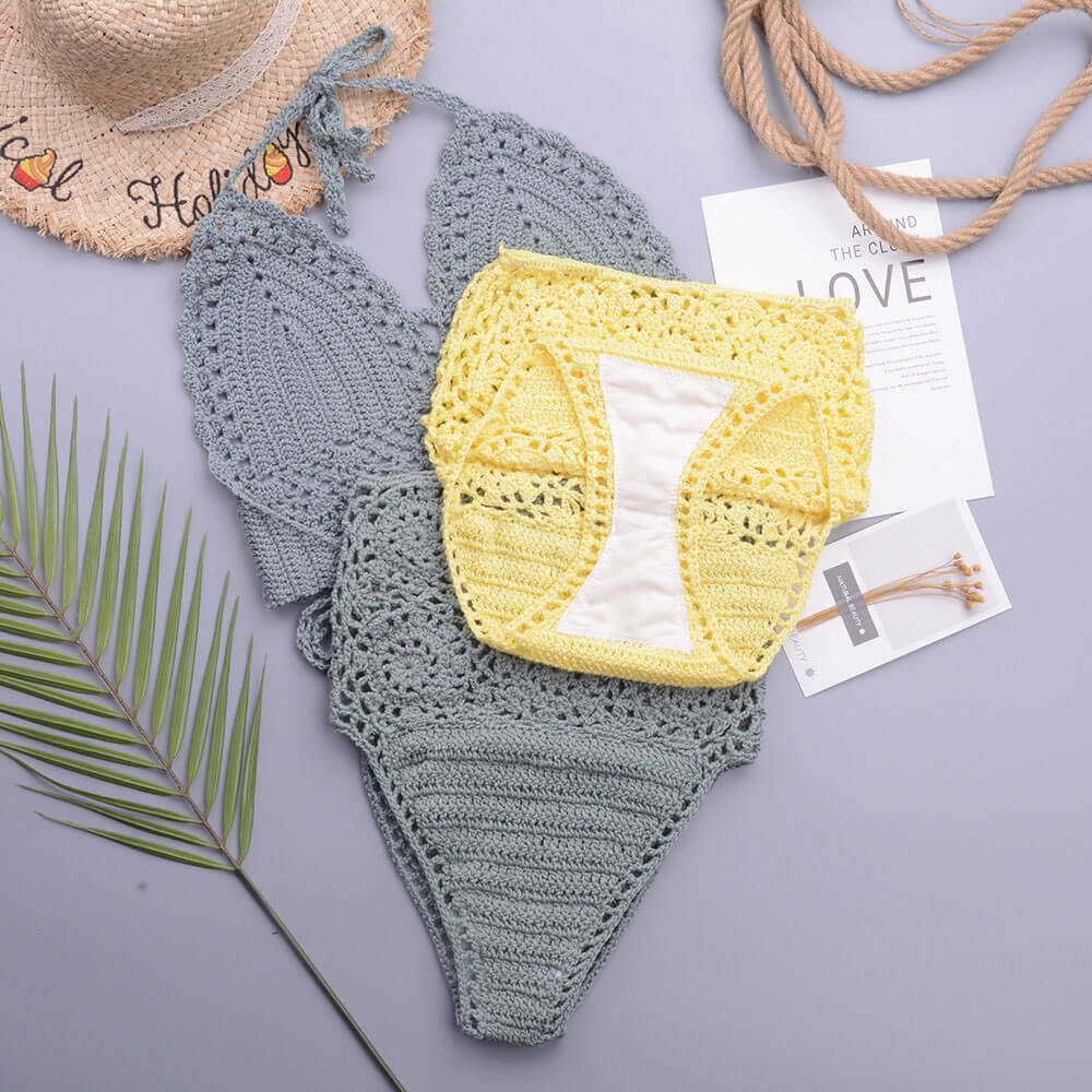 Schicker brasilianischer zweiteiliger Bikini-Badeanzug mit hoher Taille und Neckholder-Triangel-Bikini aus Häkelstrick