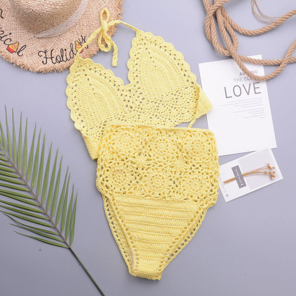 Schicker brasilianischer zweiteiliger Bikini-Badeanzug mit hoher Taille und Neckholder-Triangel-Bikini aus Häkelstrick