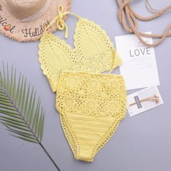 Schicker brasilianischer zweiteiliger Bikini-Badeanzug mit hoher Taille und Neckholder-Triangel-Bikini aus Häkelstrick