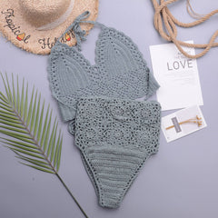 Traje de baño bikini brasileño de dos piezas con cuello halter, de punto de crochet, de cintura alta y elegante.