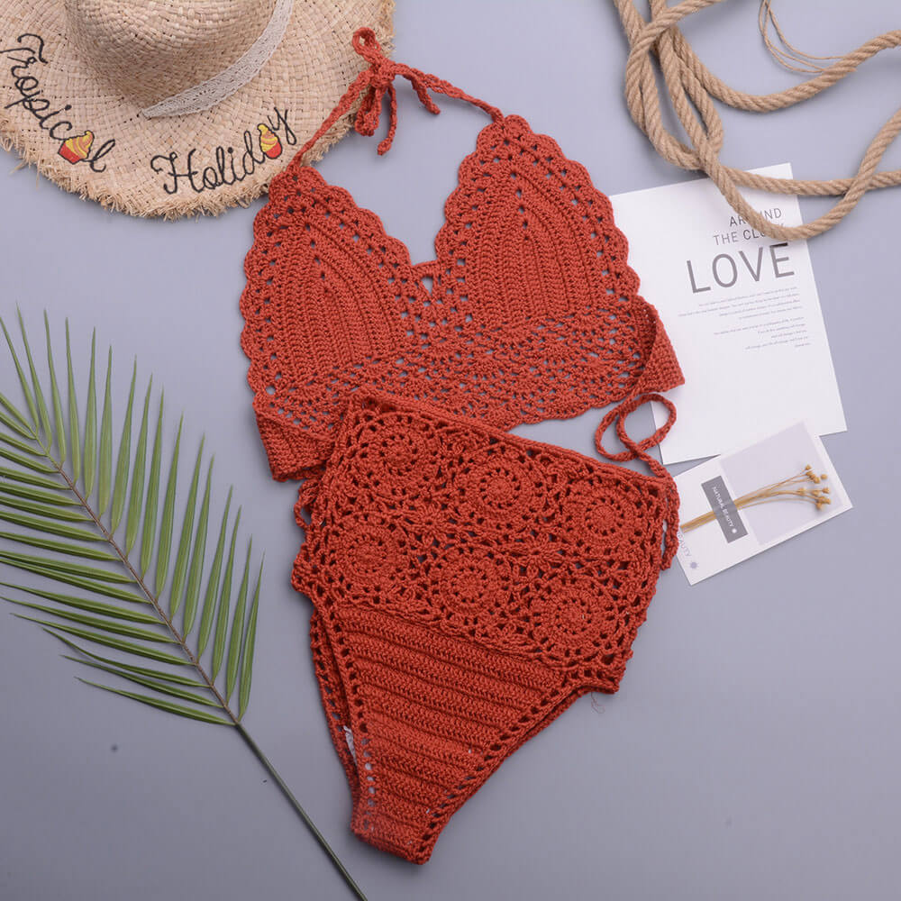 Schicker brasilianischer zweiteiliger Bikini-Badeanzug mit hoher Taille und Neckholder-Triangel-Bikini aus Häkelstrick