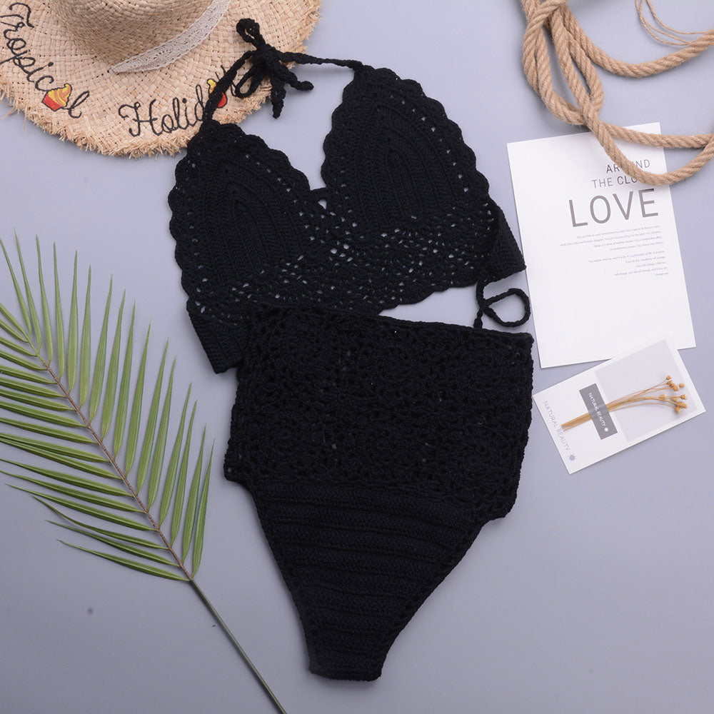 Chic High Waist Crochet Knit Halter Triangle Brazilian Two Piece Bikini Swimsuit