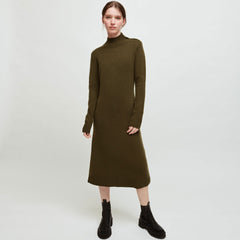 Vestido estilo suéter midi elegante de manga larga con botones y cuello alto - Verde militar