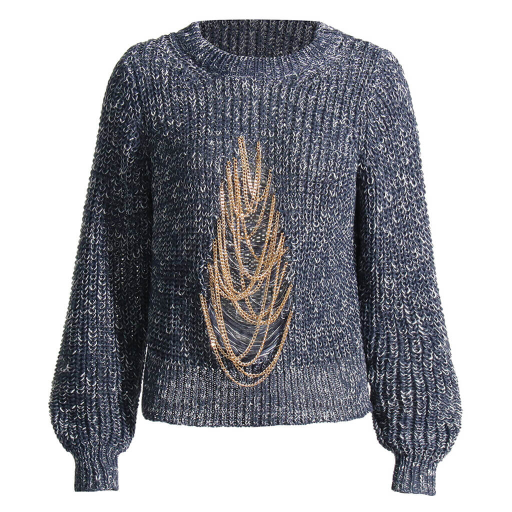 Schicker, melierter Strickpullover mit Metallkette und Used-Look-Vorderseite - Blau