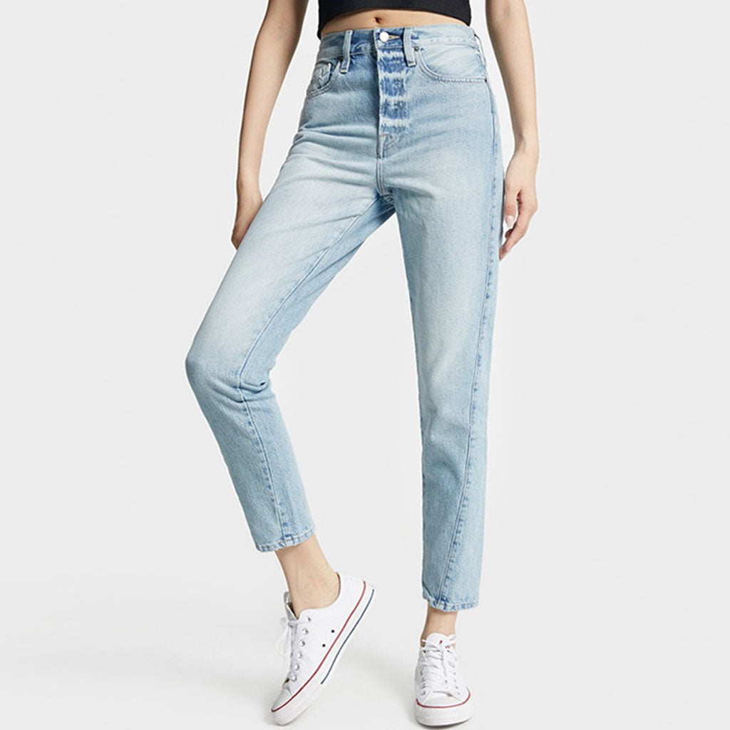 Schicke, verkürzte Skinny Jeans mit mittelhohem Bund und verdrehter Naht und Knopfleiste - Blau