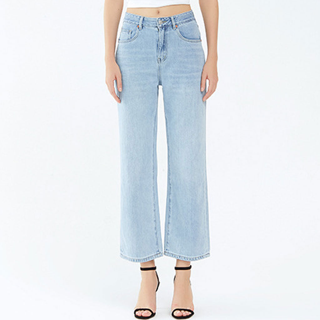 Chic Mid Waist Ankle Length Faded Wide Leg Jeans - Light Blue