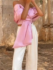 Chic Pink Satin Pleated Bow Crop Top