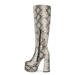 Chic Python Print Round Toe Knee High Platform Block Heel Boots - Snake