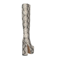 Chic Python Print Round Toe Knee High Platform Block Heel Boots - Snake