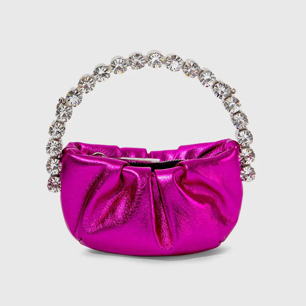 Schicke, mit Strass verzierte, halbrunde Mini-Clutch aus gerafftem Leder - Rosa