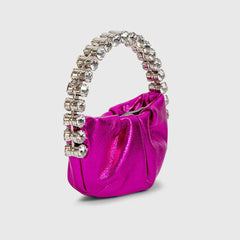 Schicke, mit Strass verzierte, halbrunde Mini-Clutch aus gerafftem Leder - Rosa