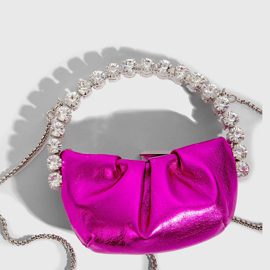 Chic Rhinestone Embellished Gathered Leather Semicircular Mini Clutch - Pink