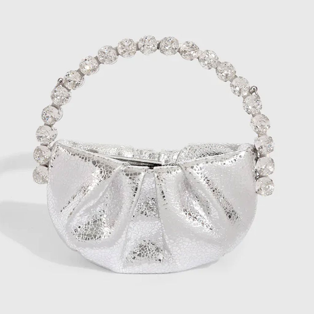 Schicke, mit Strass verzierte, halbrunde Mini-Clutch aus gerafftem Leder - Silber