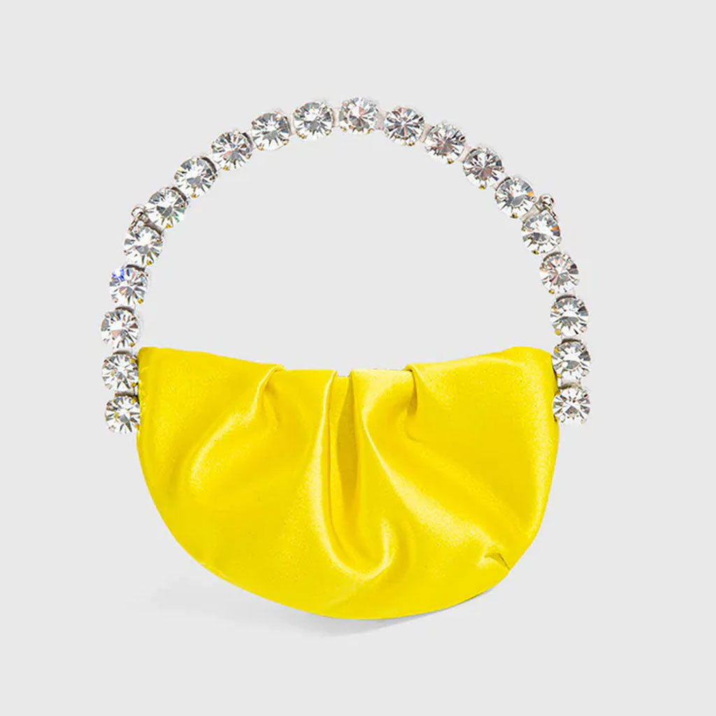 Mini bolso de mano semicircular de piel fruncida con adornos de diamantes de imitación - Amarillo