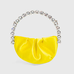 Mini bolso de mano semicircular de piel fruncida con adornos de diamantes de imitación - Amarillo