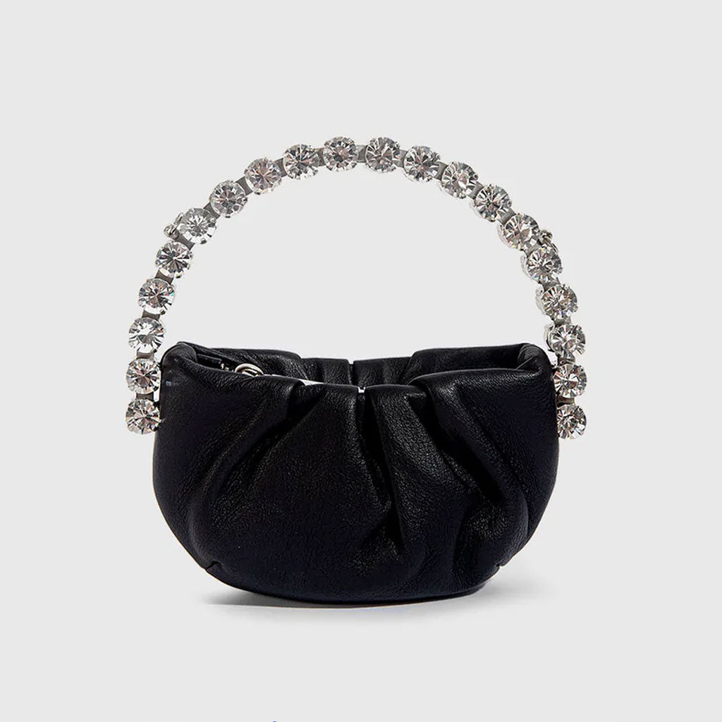 Schicke, mit Strass verzierte, halbrunde Mini-Clutch aus gerafftem Leder - Schwarz