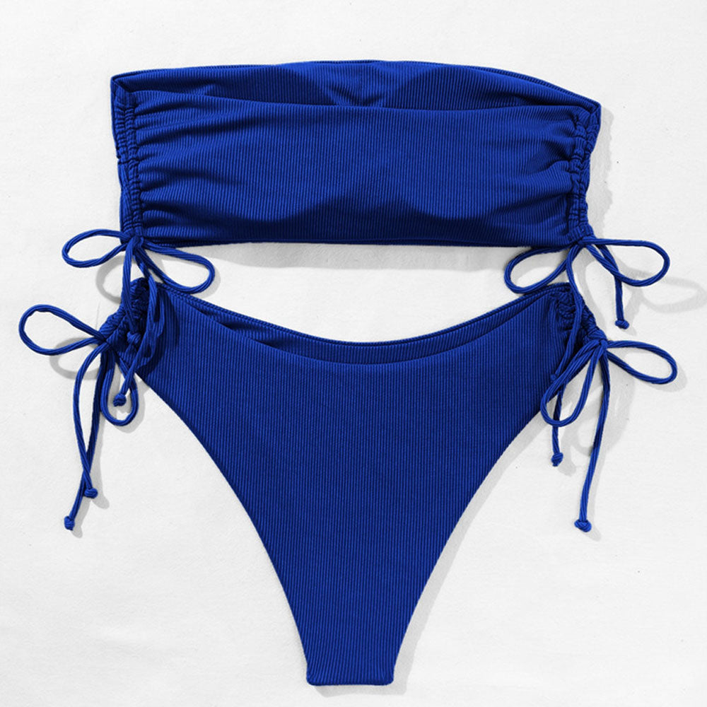 Traje de baño de bikini brasileño de dos piezas con bandeau, corte alto y cordón ajustable