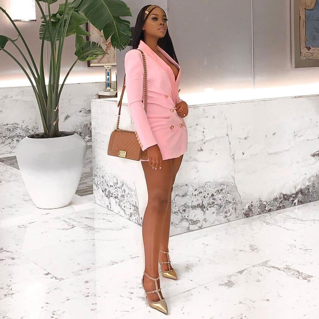 Chic Satin Collar Long Sleeve Double Breasted Mini BlazerDress - Pink