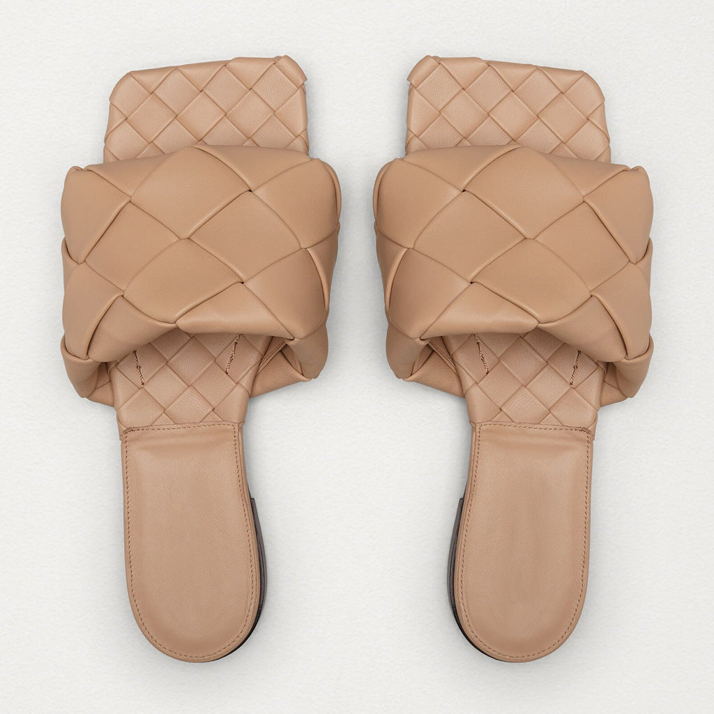 Chic Square Toe Braided Leather Slides - Apricot