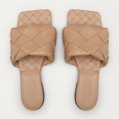 Chic Square Toe Braided Leather Slides - Apricot